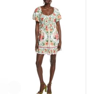 Farm Rio mini dress XS white floral cotton Garden Bloom logo puff sleeve new$265